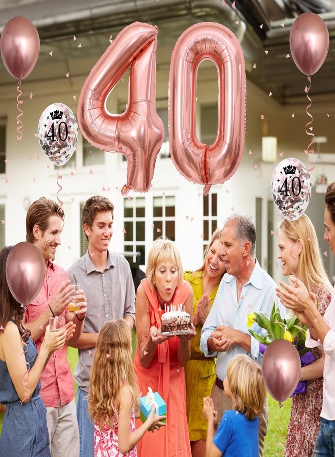 بالونات عيد الميلاد الأربعين باللون الذهبي الوردي، زينة عيد الميلاد الأربعين للنساء مع بالونات كبيرة من رقائق معدنية تحمل الرقم 40، بالون ذهبي وردي مطبوع عليه قصاصات ورقية، بالونات معدنية لتزيين عيد الميلاد الأربعين - Image 4
